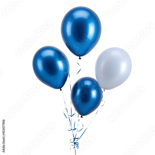 A trio of helium balloons painted in striking, glossy blue floats majestically against a stark, pure white backdrop, ai digital painting