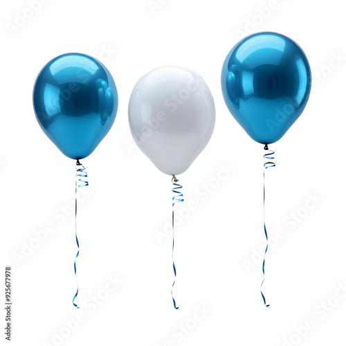 A trio of helium balloons painted in striking, glossy blue floats majestically against a stark, pure white backdrop, ai digital painting
