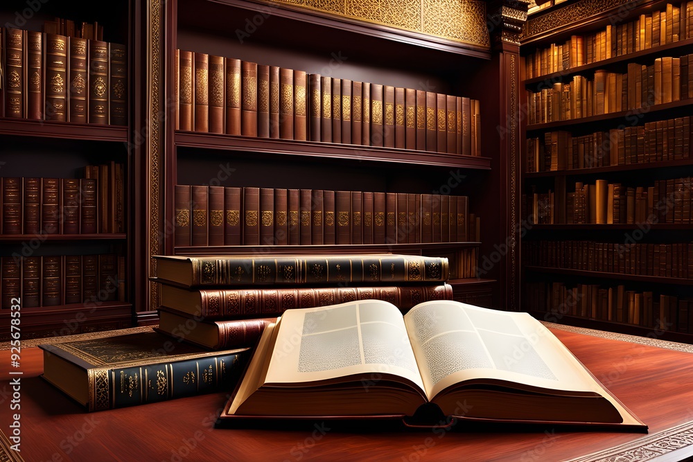 Fototapeta premium A bookcase full of books with a book open on a table