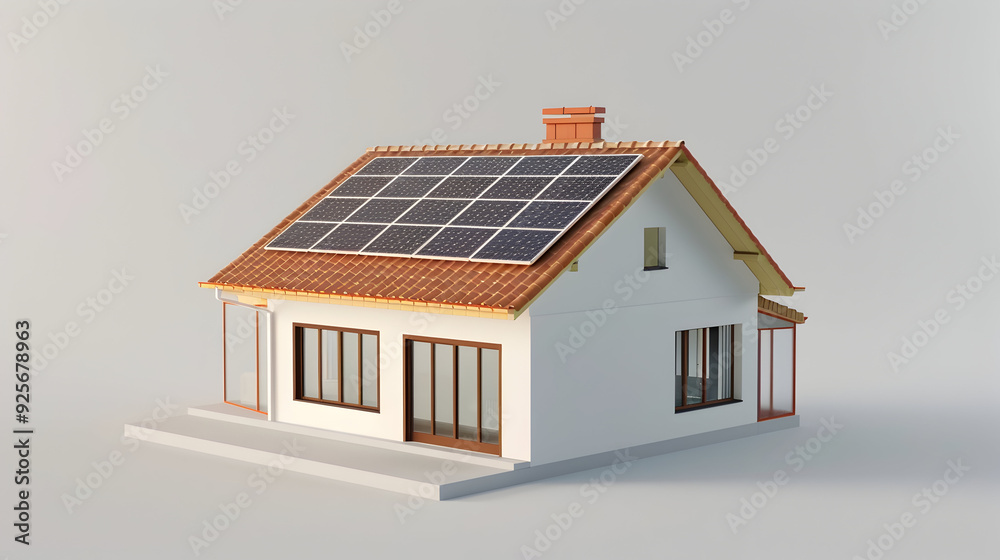 3D small house with solar panels and energy efficiency, 3d illustration 3D small house with solar panels and energy efficiency, 3d illustration