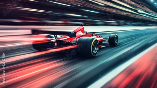 Red Formula One Race Car Speeding Through Track.