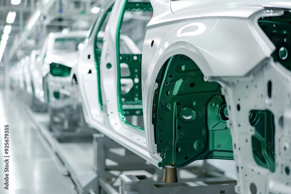 Automobile frame on factory line, white and green design, ultra realistic sony a7 iv image Automobile frame on factory line, white and green design, ultra realistic sony a7 iv image