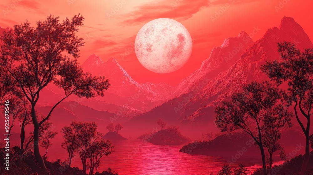 Red Moon over Mountain Lake. Red Moon over Mountain Lake.