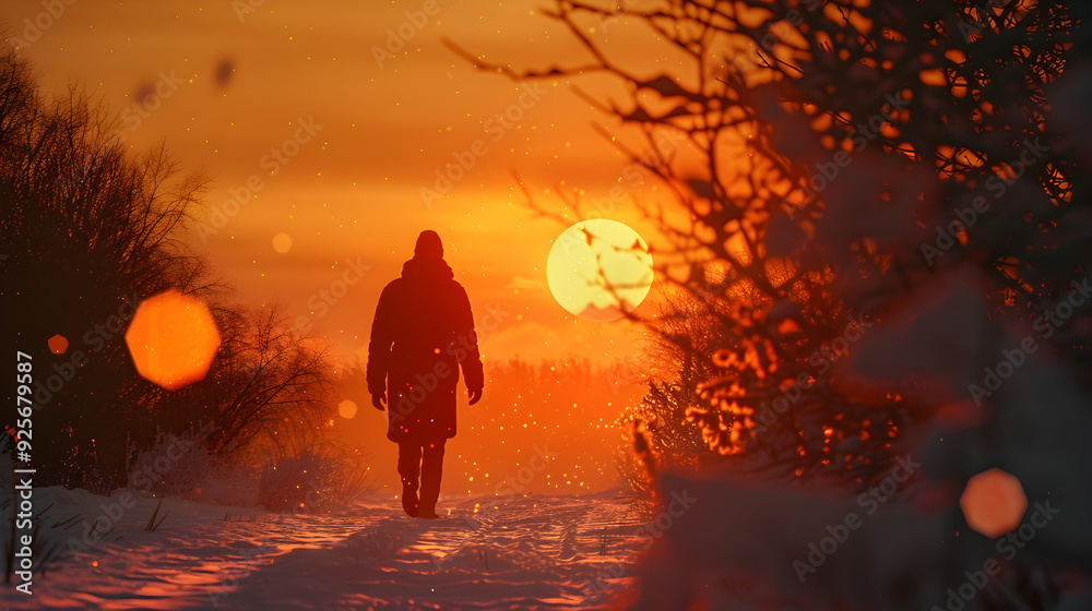 Fototapeta premium a lonely man walking in winter, sunset scene, generative ai technology