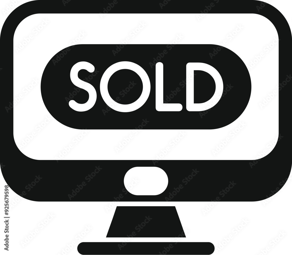Black and white icon of a computer screen showing a sold message Black and white icon of a computer screen showing a sold message
