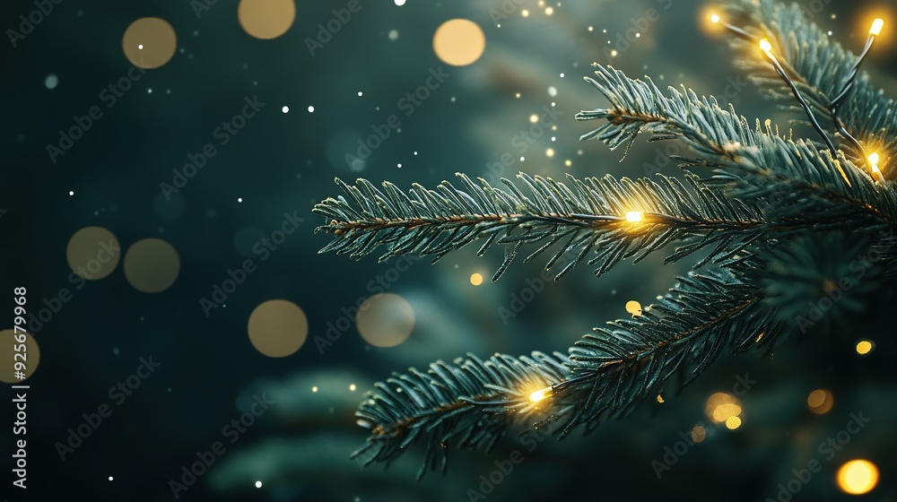 Elegant Festive Pine Branches with Golden Lights, Bokeh Effect Background for Christmas and New Year Celebrations, Abstract Nature Design with Space for Text and Web Banners Elegant Festive Pine Branches with Golden Lights, Bokeh Effect Background for Christmas and New Year Celebrations, Abstract Nature Design with Space for Text and Web Banners