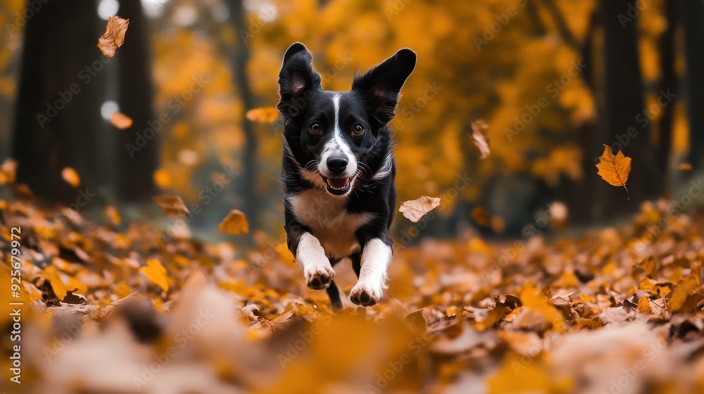 custom made wallpaper toronto digitalHappy Dog Running Through Autumn Leaves.