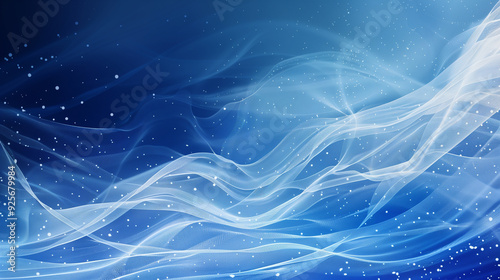 Abstract swirling white waves and light particles on blue gradient background