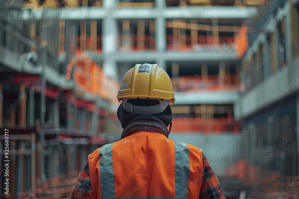 Construction worker in safety gear at building site, wearing hardhat and high visibility vest Construction worker in safety gear at building site, wearing hardhat and high visibility vest