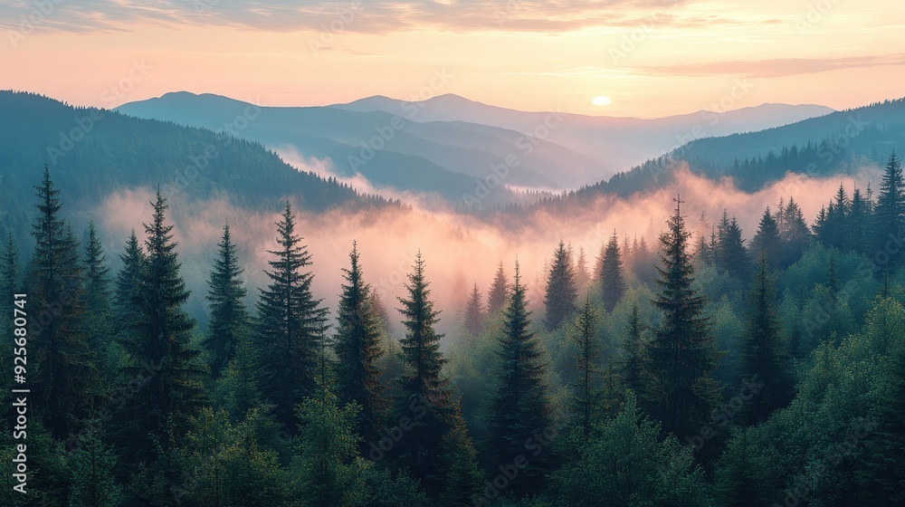 Majestic Mountain Sunrise with Fog and Pine Trees. Majestic Mountain Sunrise with Fog and Pine Trees.