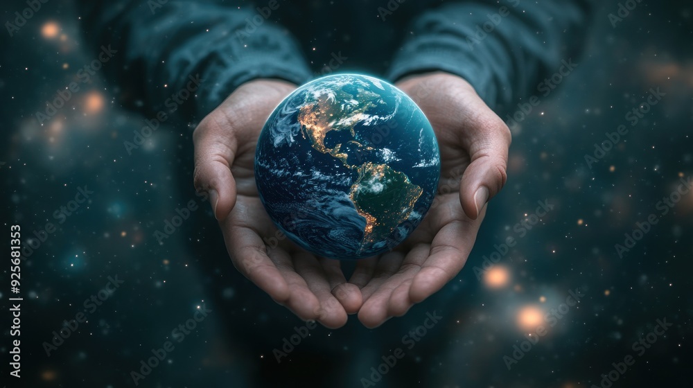 Hands Holding Earth Globe with Space Background Hands Holding Earth Globe with Space Background