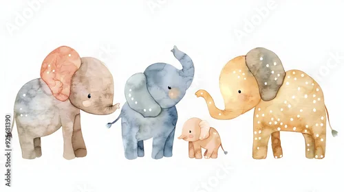 Obraz Cute baby elephant nursery animal isolated illustration for children. Bohemian watercolor boho forest elephant family drawing, watercolour image. Perfect for nursery posters, patterns. Birthday