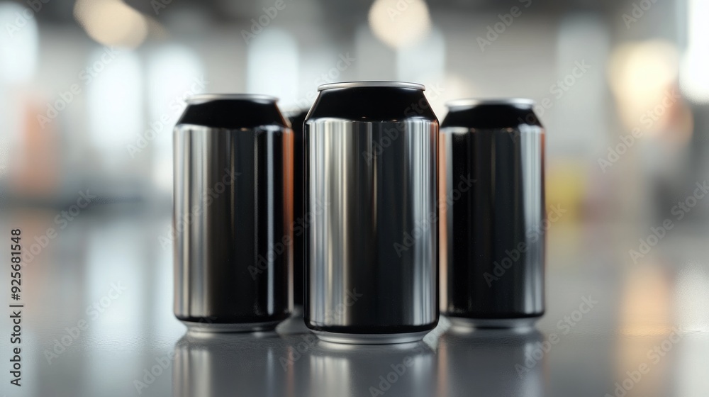 Three Black Aluminum Cans on a Grey Surface Three Black Aluminum Cans on a Grey Surface
