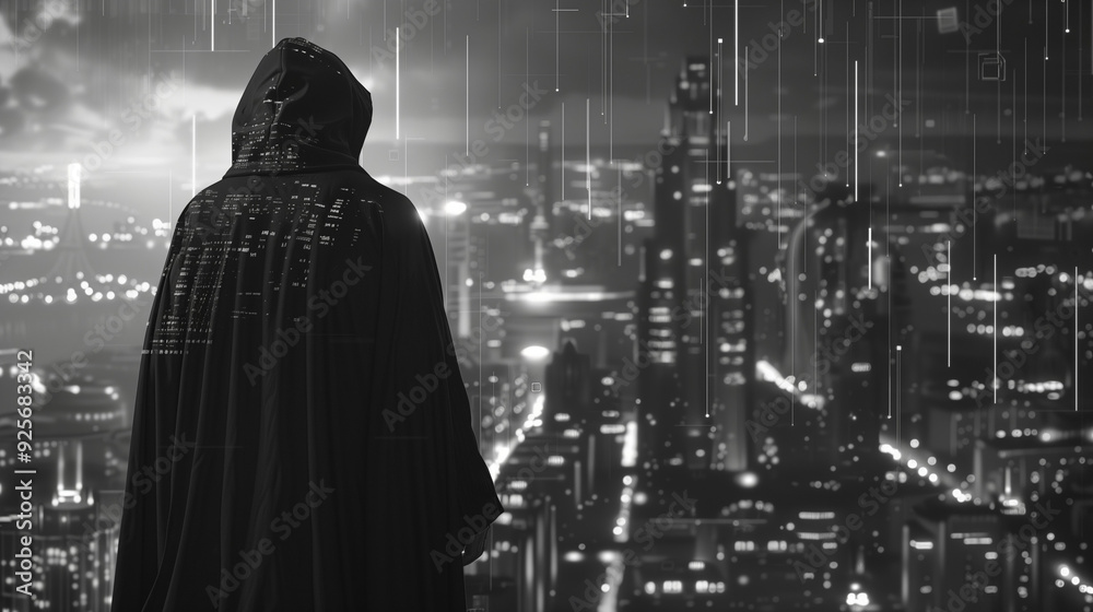 A mysterious hooded figure overlooking a futuristic cityscape at night, with digital elements and rain-like streaks enhancing the dark, cyberpunk atmosphere