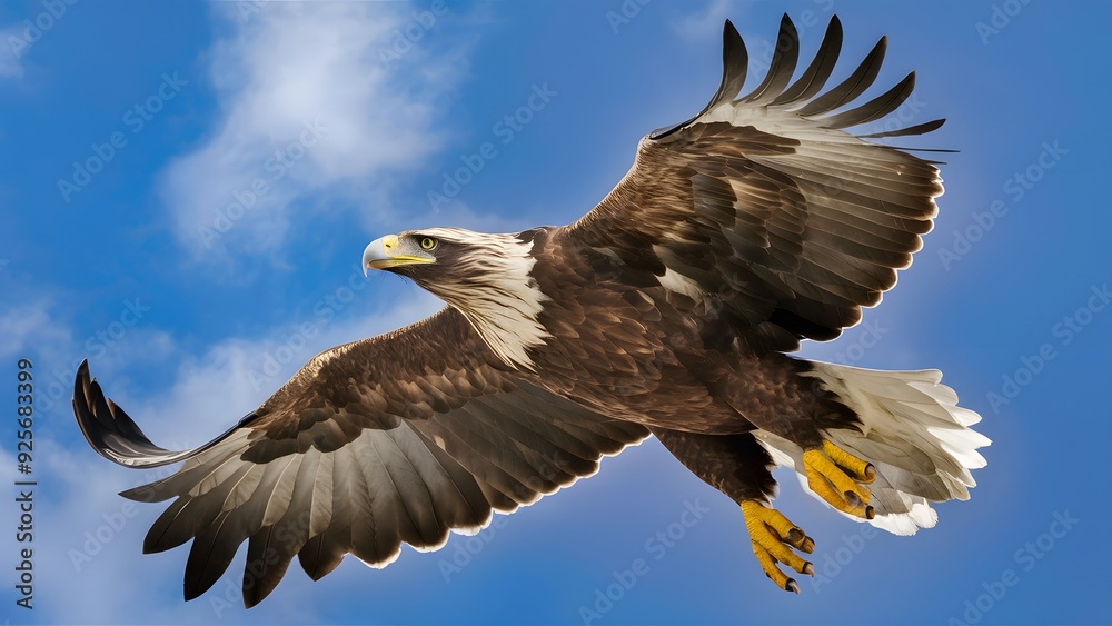 Obraz premium Martial Eagle Flying with Blue Sky Background, Realistic Photo, Pattern Background, Wallpaper, Cover and Screen for Smartphone, Cell Phone, Computer, Laptop