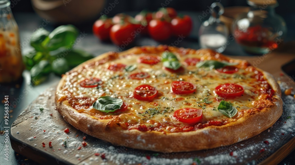 A whole baked pizza with cheese and tomato toppings, fresh out of the oven, A whole baked pizza with cheese and tomato toppings, fresh out of the oven,