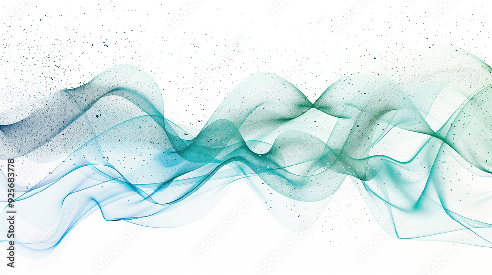 Abstract green and blue flowing waves with sparkling particles on a white background Abstract green and blue flowing waves with sparkling particles on a white background