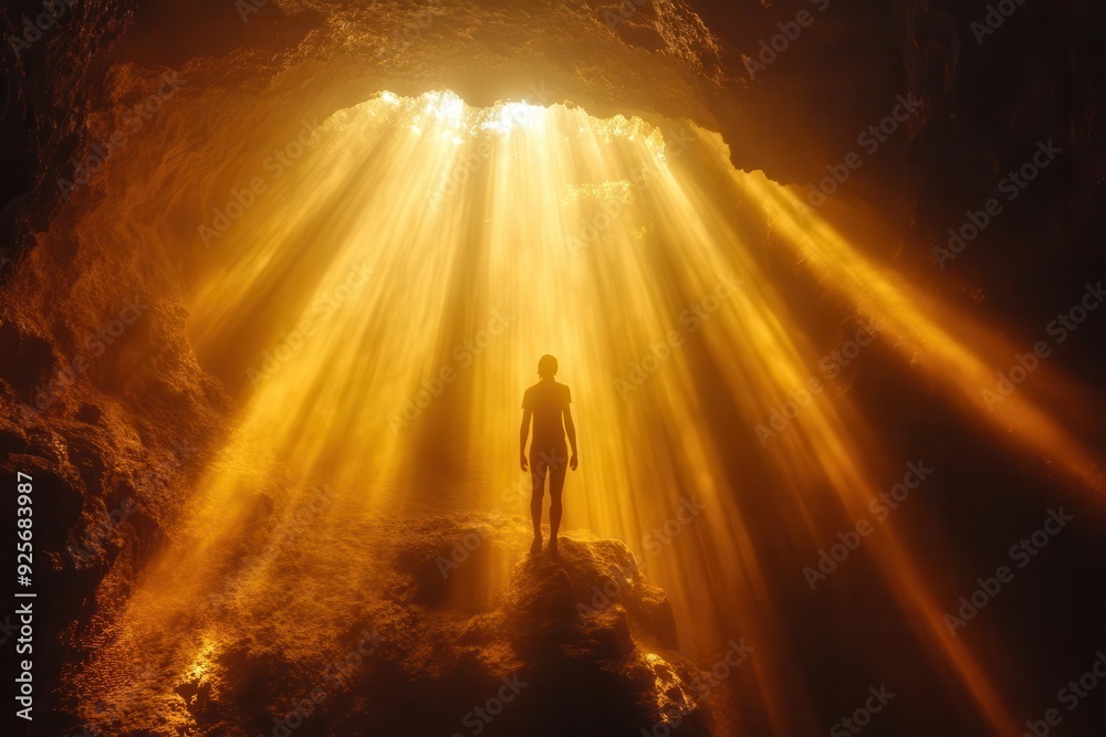 mysterious figure emerging from a dark cave into brilliant sunlight silhouetted against the cave mouth symbolizing hope rebirth and the journey from darkness to light mysterious figure emerging from a dark cave into brilliant sunlight silhouetted against the cave mouth symbolizing hope rebirth and the journey from darkness to light