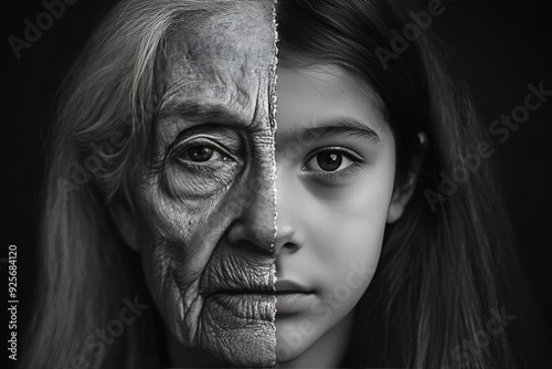 Split portrait half elderly woman, half young girl in unique photography composition