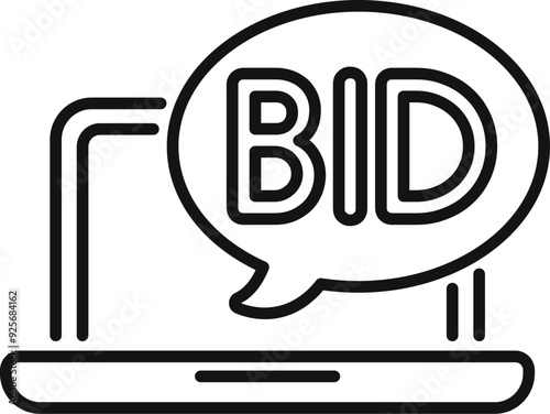 Line art icon of an online auction showing a bid speech bubble over a laptop