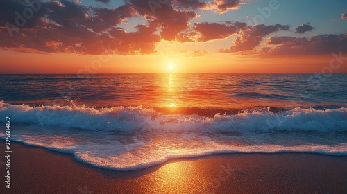 Sunset over the Ocean with Waves Crashing on the Beach.