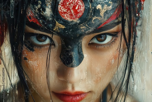 mysterious figure in ornate oni mask ethereal japanese aesthetic soft pastel background delicate brush strokes serene yet haunting atmosphere photo