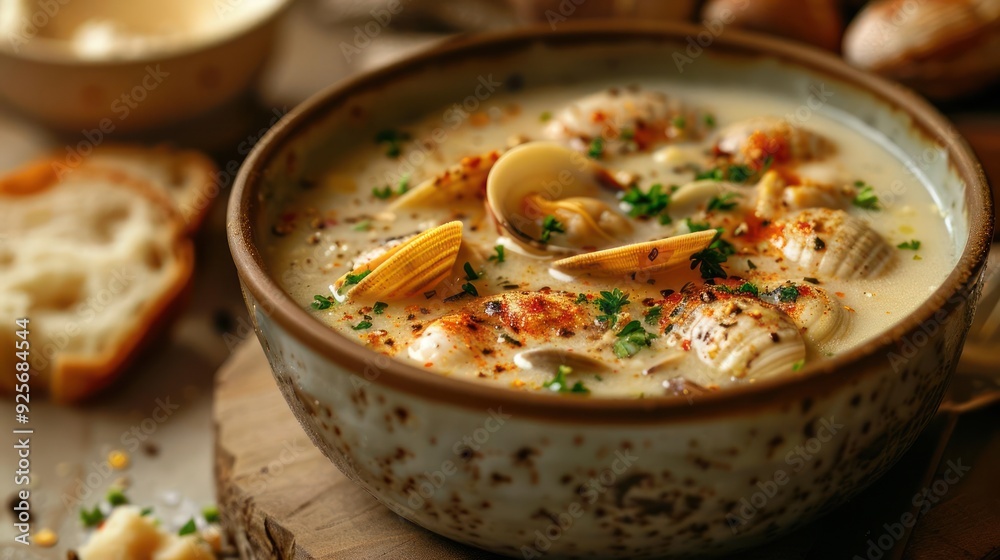 a close-up photo of a bowl filled with a creamy chicken noodle soup garnished with cheese crisps.