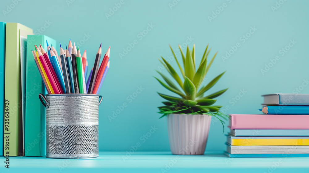 Obraz premium Colorful pencils in a holder with succulents and stacked books on a blue desk