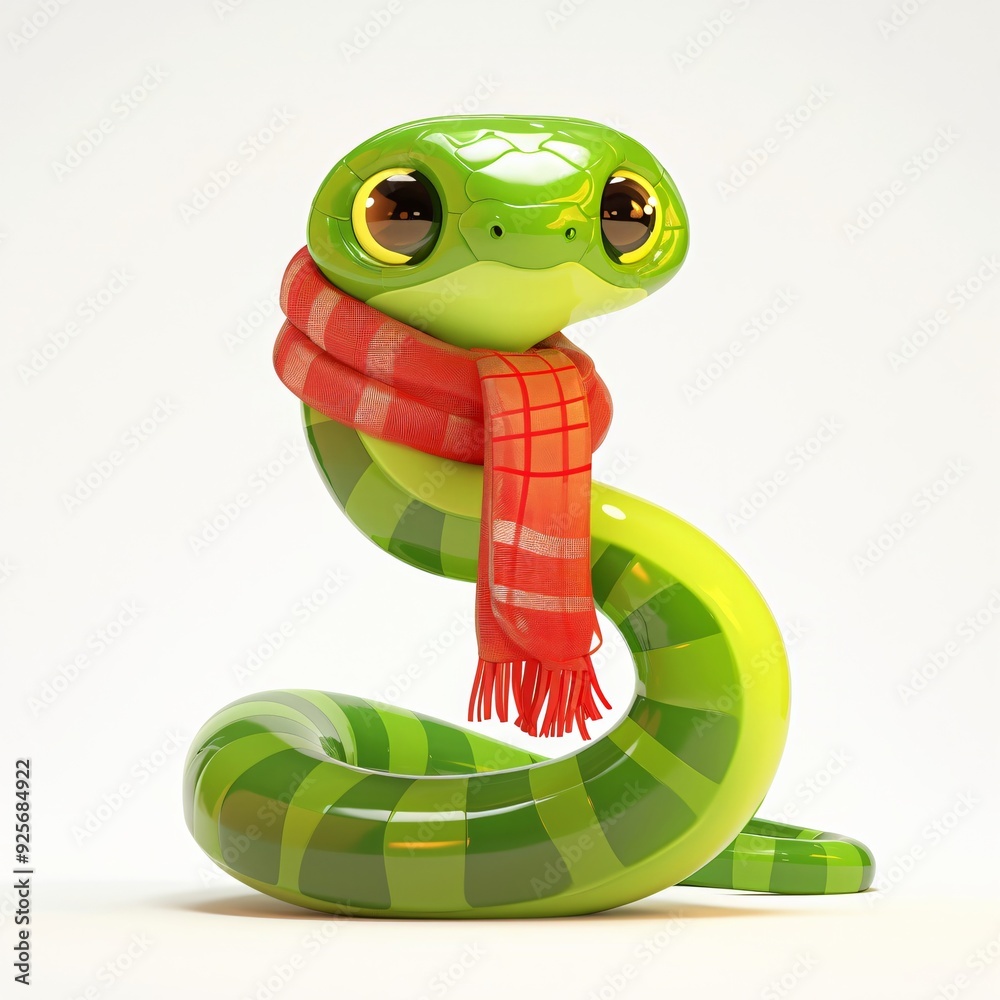 Fototapeta premium Green snake wearing red scarf isolated on white background. Cute animal character, zodiac sign. Symbol of Chinese New Year 2025. 3d illustration for design banner, poster, card