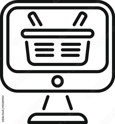 This icon represents the concept of online shopping with a shopping basket displayed on a computer screen