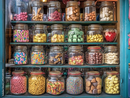 Vibrant candy store display filled with nostalgic treats in colorful jars enticing passersby