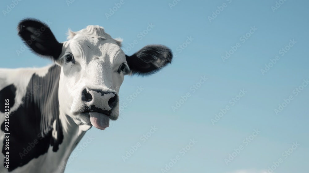 Playful Cow with Tongue Out Against Blue Sky Playful Cow with Tongue Out Against Blue Sky