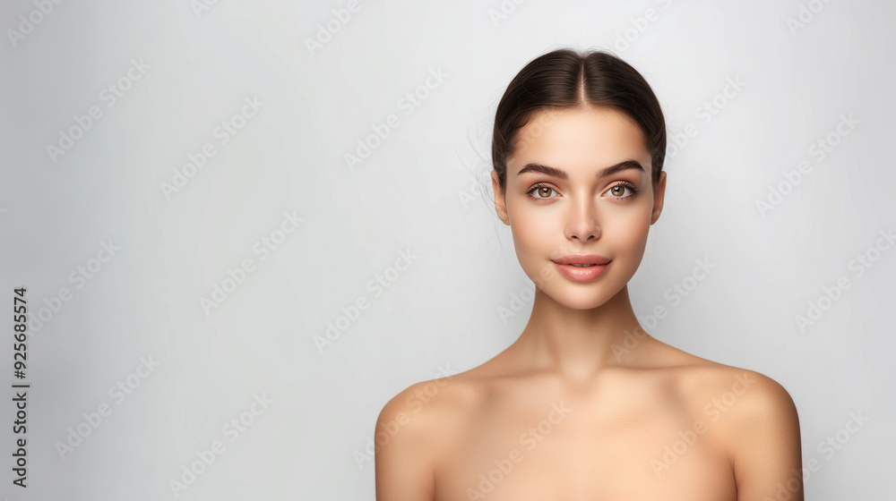 Obraz premium A young woman with fair skin and sleek, tied-back hair smiles softly. Her minimalist style and bright background highlight her natural beauty.