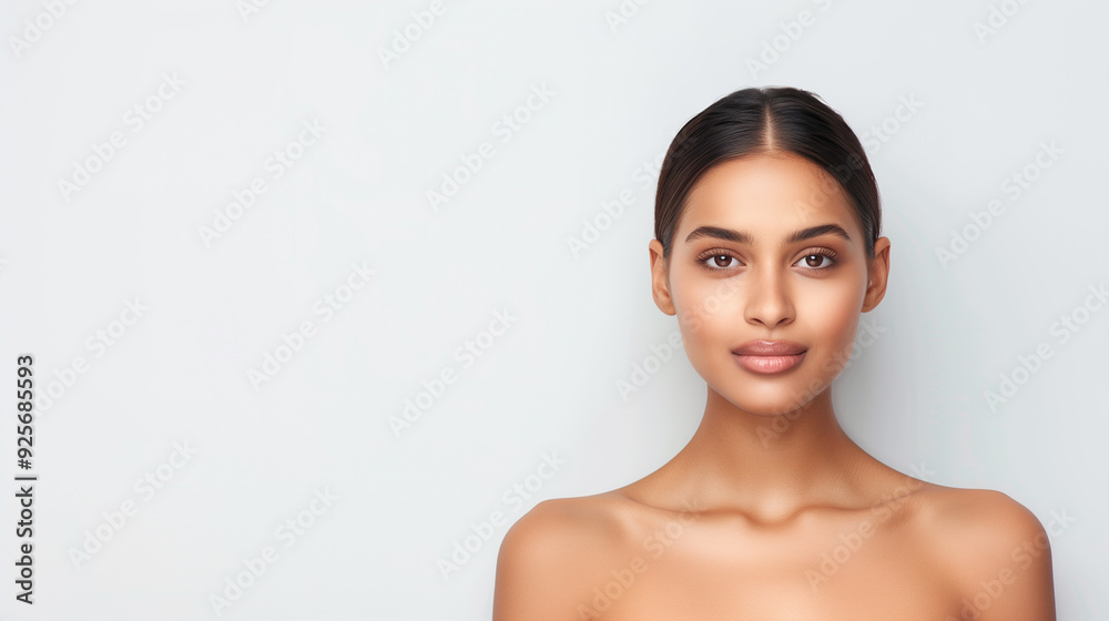 Young Indian woman with smooth skin and a neutral expression, wearing minimal makeup, against a clean white background. Young Indian woman with smooth skin and a neutral expression, wearing minimal makeup, against a clean white background.