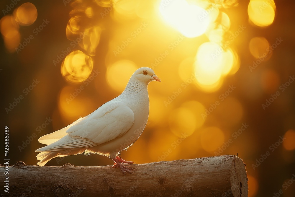 White dove perched on wooden branch at sunset in tranquil summer forest environment White dove perched on wooden branch at sunset in tranquil summer forest environment