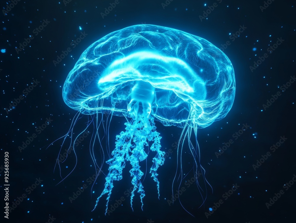 Neon blue digital brain jellyfish symbol of artificial intelligence 3d render Neon blue digital brain jellyfish symbol of artificial intelligence 3d render