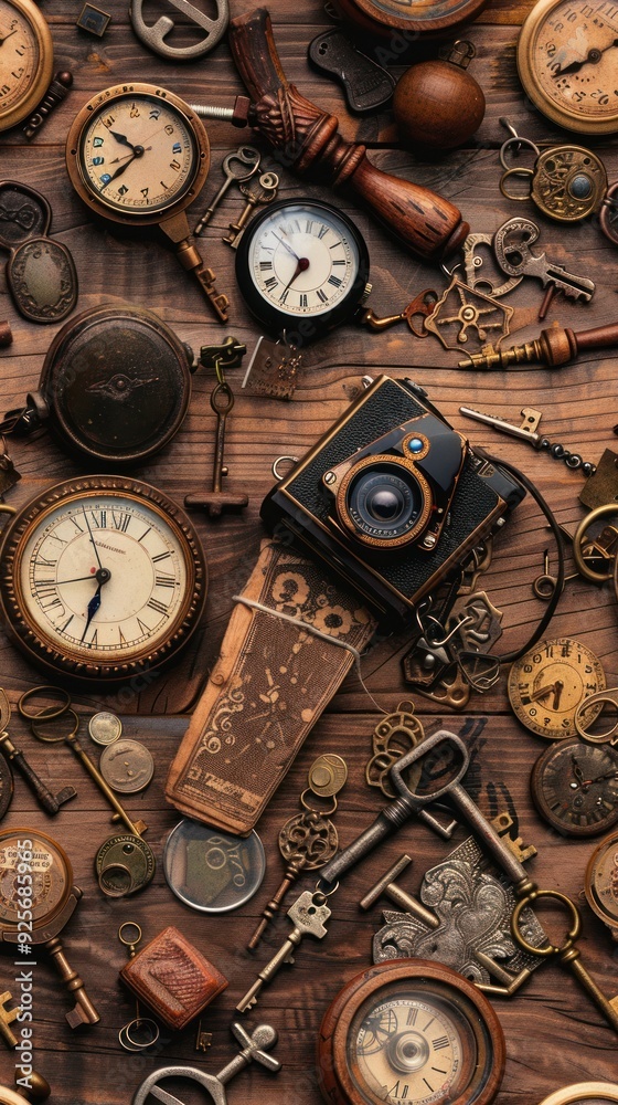 Fototapeta premium Vintage Still Life with Clocks, Keys, and Camera