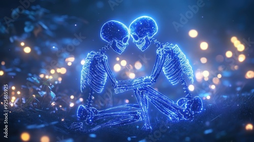 Glowing Skeletons Embrace in a Mystical Forest.