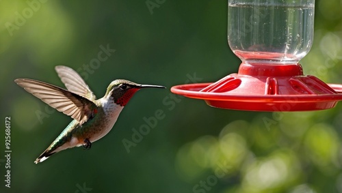 a rubby throated humming bird feeding a red water from feeder photo