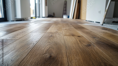 Close-up of newly installed wooden flooring in an unfinished room. The focus is on the texture and finish of the wood, showcasing quality craftsmanship during the construction process.