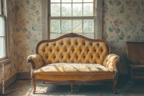 nostalgic scene featuring a wellworn vintage couch in a warm sunlit room with faded wallpaper and antique decor evoking memories of bygone eras photo