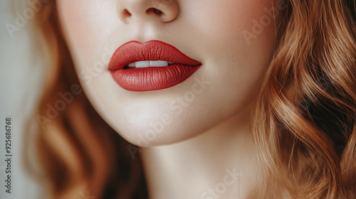 woman's hand applying red lipstick to her lips. The vivid red color symbolizes confidence, passion, and empowerment, highlighting beauty and self-expression in modern femininity