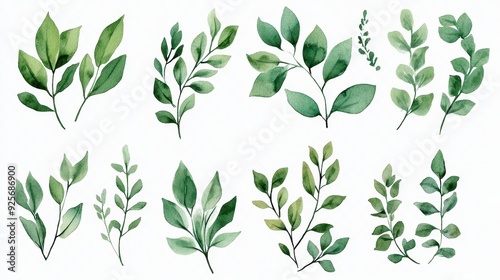 Watercolor Green Leaves Set.
