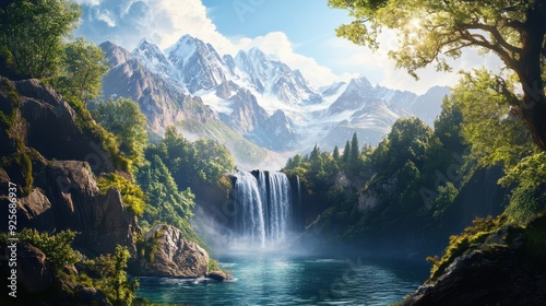 Majestic Waterfall in Mountain Valley.