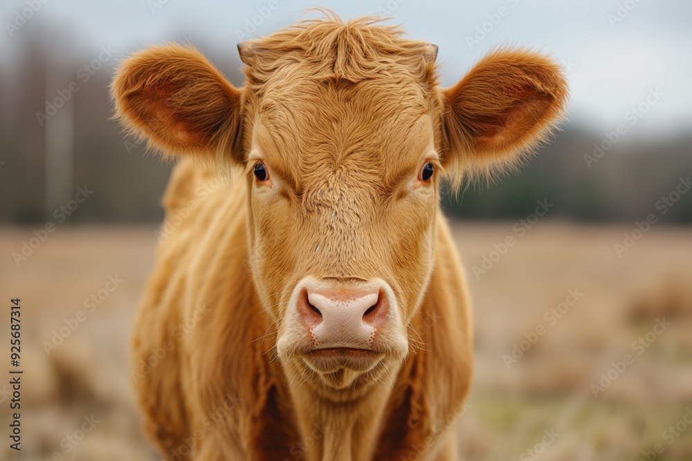 Young brown cow standing in field looking at camera Young brown cow standing in field looking at camera