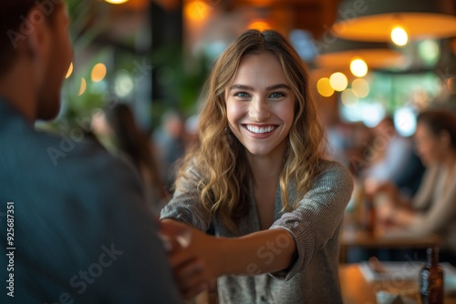 Young happy smiling woman and a man in a restaurant