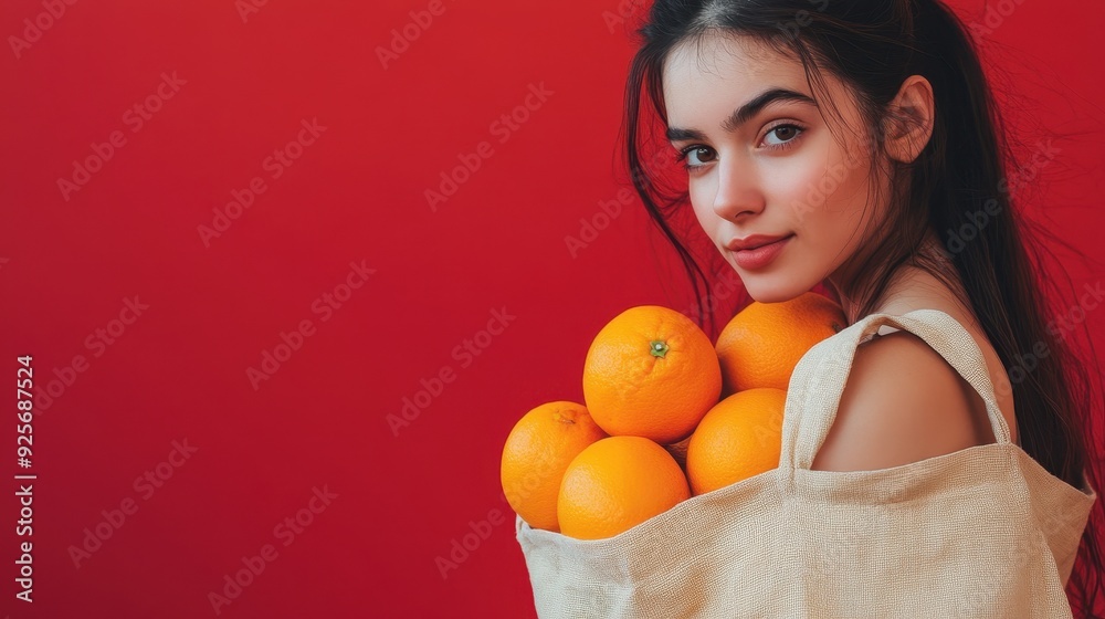 Young Woman Holding a Bag of Oranges. Young Woman Holding a Bag of Oranges.