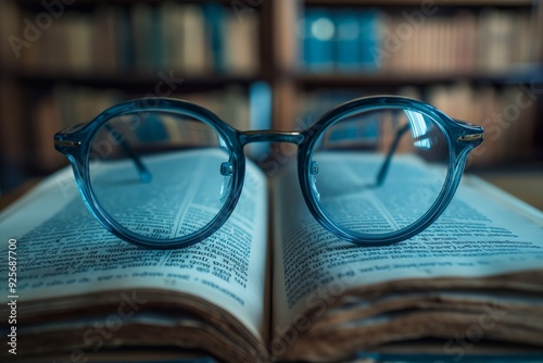 Blue glasses on open book in library