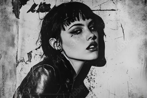 Vintage 90s monochromatic portrait in mezzotint for punk y2k collage with brutalist music poster