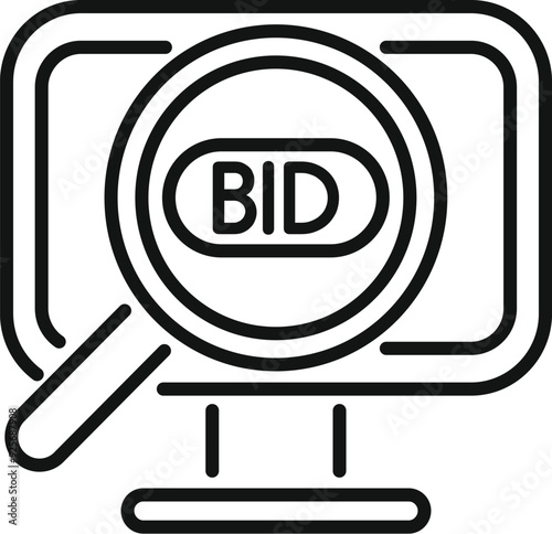 Magnifying glass is focusing on the word bid on a computer screen, representing the concept of online bidding